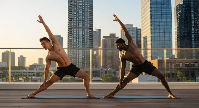 Two athletic men practice yoga poses on a rooftop with an urban city skyline backdrop during a sunny day, demonstrating healthy lifestyle.