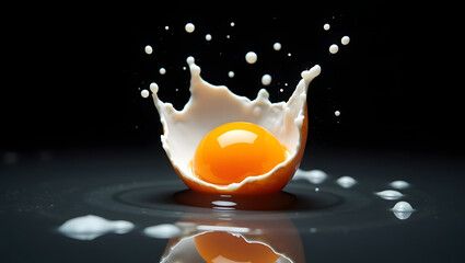Raw Egg Splash in Mid-Air Impact with Yolk and Shell Explosion on Dark Background