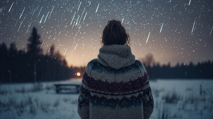 Back view of a person in winter coat in a quiet snow-covered landscape under night sky with bright meteor streaks