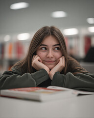 A young woman with freckles rests her chin on her hands, smiling softly while sitting at a table with a book in a softly lit indoor space.