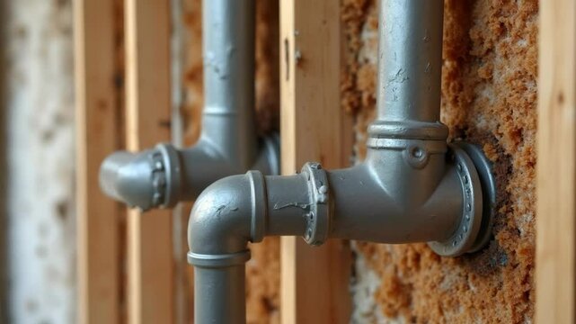 Plumbing pipes run vertically and horizontally within an open wall, showing installation and construction details.

