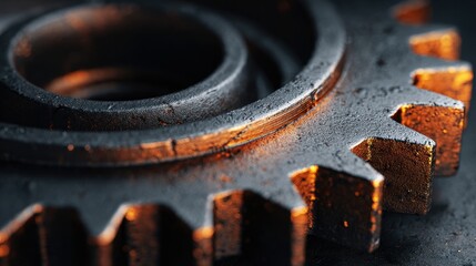 High quality photo of close-up of a metallic gear on a dark background.