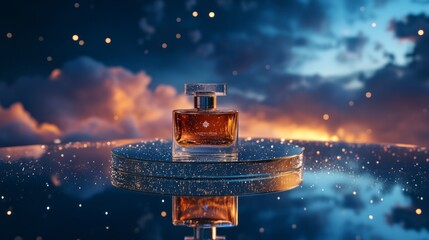 Perfume bottle standing on a mirrored platform, night sky with stars in the background, celestial campaign generative ai