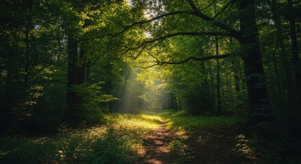Obraz premium Sunlight streaming through a lush green forest illuminating a winding path dappled with light and shadow creating a magical atmosphere