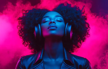 Vibrant woman immersed in music with headphones under colorful smoke lights at a modern event