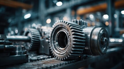 Fototapeta premium High quality photo of close-up of a powerful motor with exposed cogwheels and metal gears working together seamlessly in a factory setting.