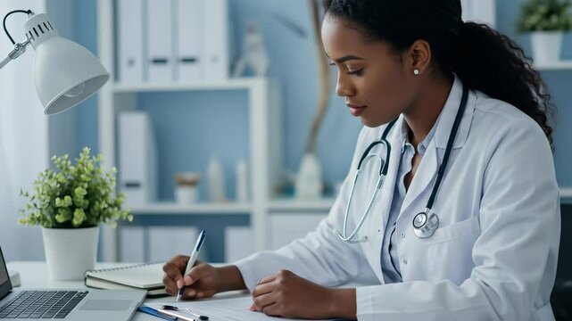 Focused Black woman doctor diligently writing medical documentation at her office desk, showcasing professionalism and dedication to modern healthcare.