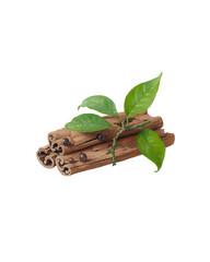 Cinnamon Sticks with Green Leaves Isolated on White
