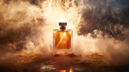 Perfume bottle surrounded by smoke and golden dust, dramatic light burst behind, bold fragrance launch generative ai