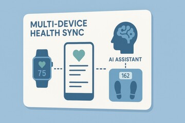 Multi-Device Health Sync Interface Showing Heart Rate, Step Count, and AI Wellness Assistant for Smart Fitness Tracking
