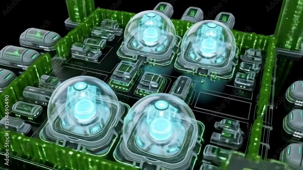 Poster futuristic technology setup with glowing orbs in a digital environment, showcasing advanced machiner