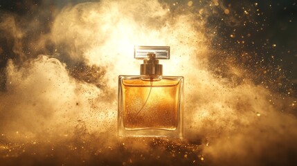 Perfume bottle surrounded by smoke and golden dust, dramatic light burst behind, bold fragrance launch generative ai