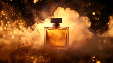 Perfume bottle surrounded by smoke and golden dust, dramatic light burst behind, bold fragrance launch generative ai