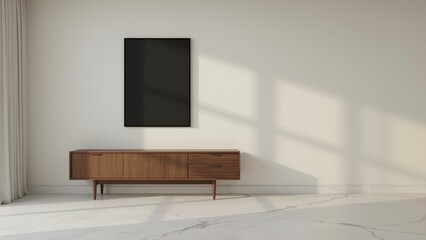 Simple Living Room with Brown Table, Black Wall Frame, and Natural Soft Lighting