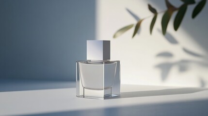 Perfume in a minimalist cube-shaped bottle, stark white background, futuristic elegance marketing generative ai