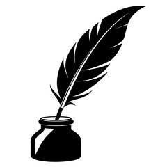 Classic black silhouette of a feather quill pen dipping into an inkwell for writing or calligraphy