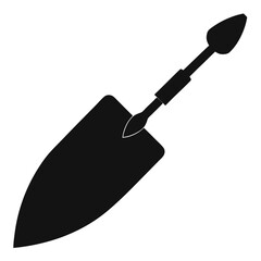 Black silhouette of a gardening trowel with a realistic handle and metal blade