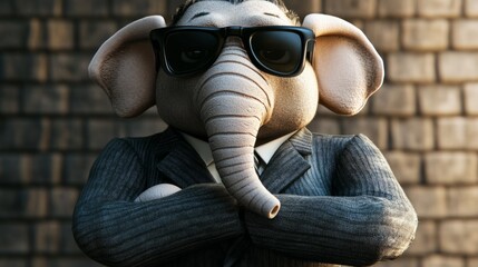 Elephant with black sunglasses and a tailored suit, arms crossed, bodyguard energy. generative ai