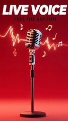 Dynamic Live Music Poster: A Retro Microphone with Sound Waves and Musical Notes, Inviting You to Experience "Live Voice" and "Feel the Rhythm"