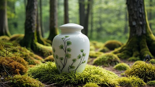 Ceramic Funeral Urn Surrounded by Moss in a Tranquil Forest Clearing