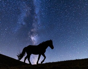 満天の星空の下を歩いている一匹の馬のシルエット