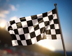 カーレースの白と黒の市松模様の旗がはためいている