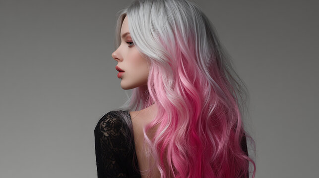 White and pank color hair ombre design ,white background.