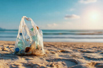 Bag full of plastic bottles collected during beach cleanup