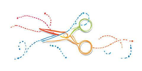 Creative Multicolor Scissors Icon with Curved Dashed Lines