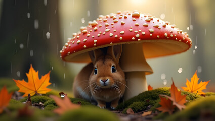 Cute Rabbit Sheltering Under Toadstool Mushroom in Rainy Enchanted Forest