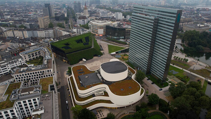 Aerial panorama view above the old town of the city Düsseldorf in Germany on a cloudy noon in...