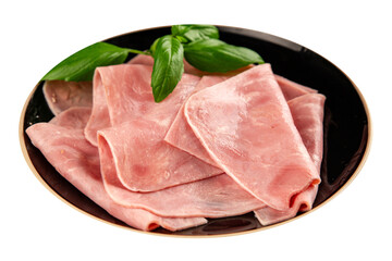 Ham slices meat spam pork fresh delicious gourmet food background on the table rustic food top view...