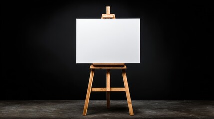 High quality photo of blank white canvas on a wooden easel against a black background in a studio setting display stand.