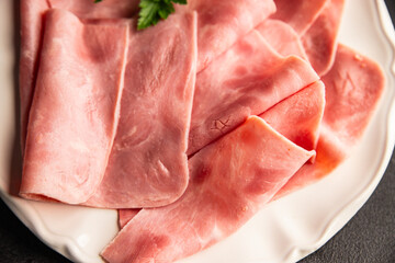 Ham slices meat spam pork fresh delicious gourmet food background on the table rustic food top view copy space