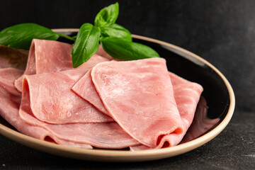 Ham slices meat spam pork fresh delicious gourmet food background on the table rustic food top view copy space