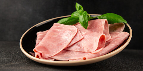 Ham slices meat spam pork fresh delicious gourmet food background on the table rustic food top view copy space