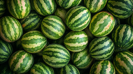 Fresh watermelons arranged in a market setting during a sunny day