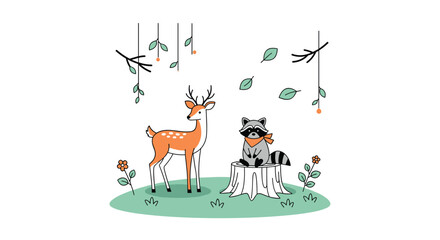 Fototapeta premium A friendly deer and raccoon enjoy a peaceful moment together in a whimsical woodland setting with falling leaves