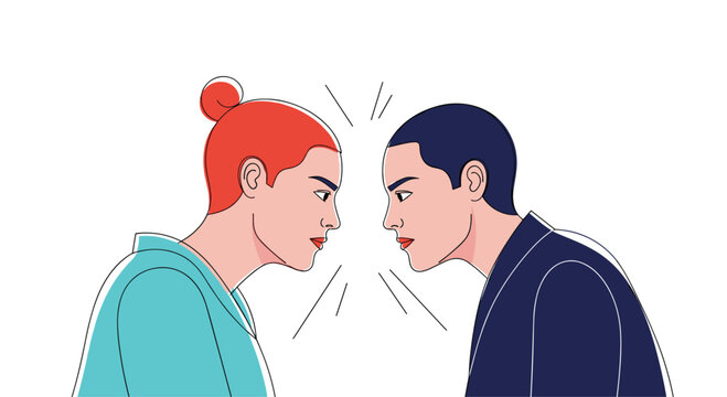 Two people stare intensely at each other their foreheads almost touching in a conceptual illustration of conflict and confrontation