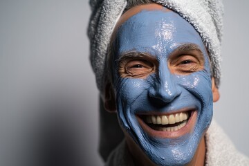 Close-up of a smiling man with a blue facial mask and towel-wrapped head, radiating joy during a skincare routine 