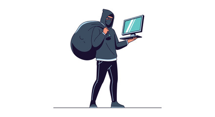 Cybercriminal wearing a hoodie and mask stealing a computer monitor and carrying a sack of loot representing digital theft and data breach