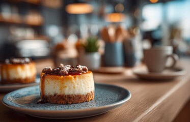 Creamy cheesecake with caramel sauce on a blue plate.