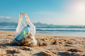 Plastic waste collected in bags after environmental cleanup on the beach