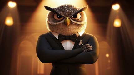 Owl wearing a tuxedo and bow tie, arms crossed with wings folded, bodyguard pose, spotlight lighting generative ai