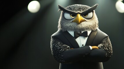 Owl wearing a tuxedo and bow tie, arms crossed with wings folded, bodyguard pose, spotlight lighting generative ai