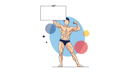 A muscular man demonstrating his physique holding a blank sign for your message with colorful circles in the background