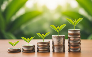 Photo of a series of coin stacks with small green plants growing from them, illustrating the concept of financial growth and investment