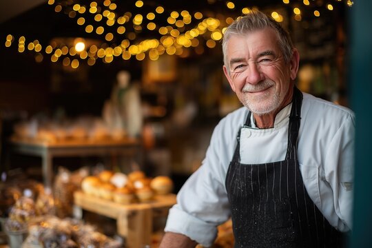 friendly older man in a chef's coat and apron stands behind a bakery display, with pastries and warm bokeh lights in the background