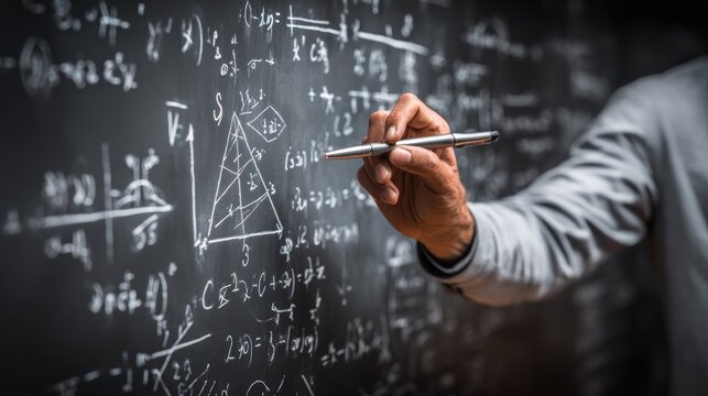 A hand writes equations and graphs on a blackboard