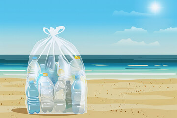 Minimalist digital illustration of a transparent bag with plastic bottles collected from the beach on a sunny day with sea and sand